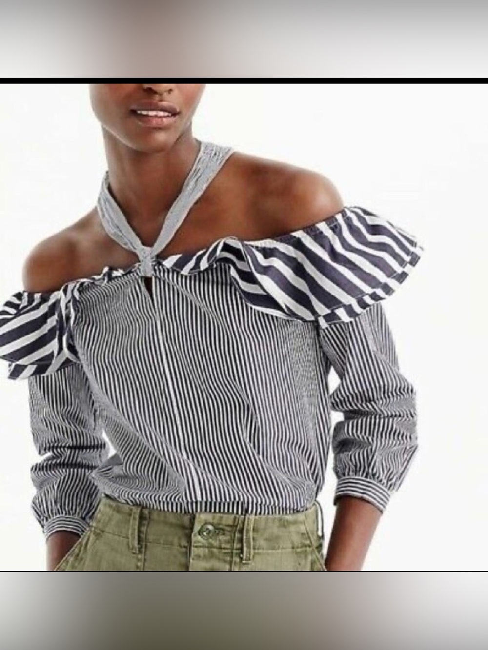 J. Crew Navy & White Striped Off-Shoulder Halter Tie Top